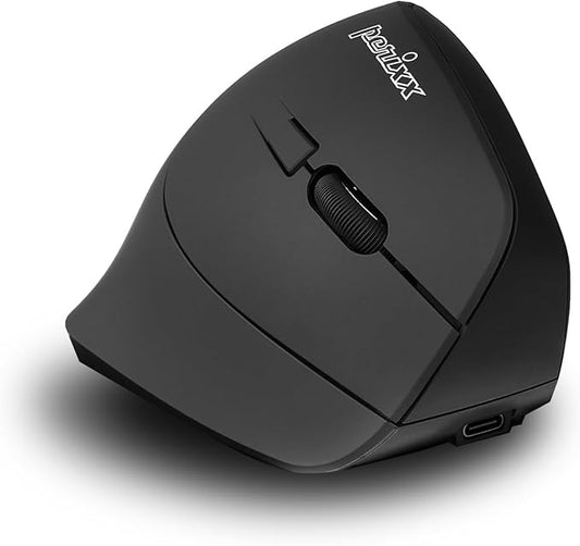 Perixx PERIMICE-715R Wireless Rechargeable Vertical Mouse - Duo Wired and Wireless Charging Feature - 6 Buttons Design - Black - Right-Handed Design