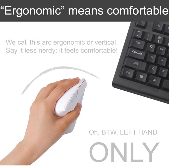 Urby Left Handed Mouse Wireless, Ergonomic, Vertical. Also As Left Handed Gaming Mouse. Compatible with Windows/macOS, Laptop, PC. [Type C & USB] [Battery Included] White