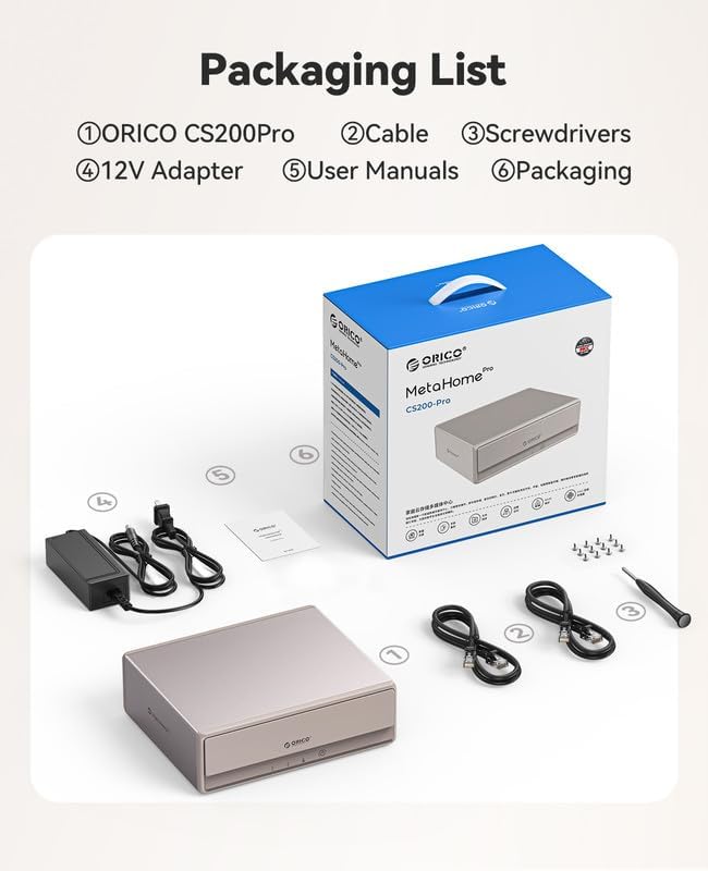 ORICO MetaHome NAS Storage, CyberData OS, HDD Slot * 2 + M.2 NVMe SSD Slot * 2, Remote Access & Smart Media Scraping, 2.5 GbE * 2(500MB/s for LAN Transmission), HDMI * 1, CS200Pro - 2 Bay(Diskless)