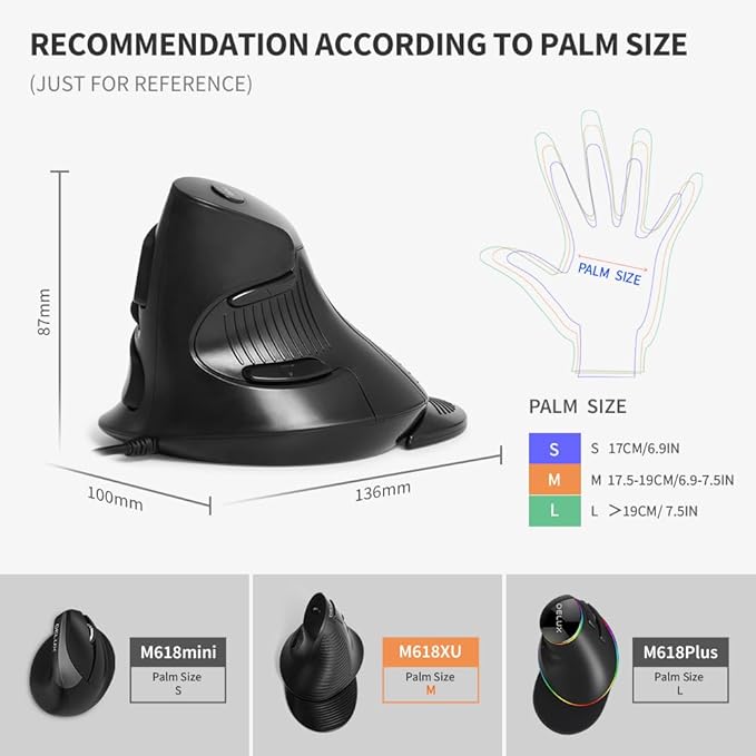 DELUX Wired Ergonomic Vertical Mouse, Vertical Mouse for Medium Hands, Removable Wrist Rest, Silent Click Ergo Mouse, Up to 4200 DPI, 6 Programmable Buttons, Compatible with Laptop/PC (M618XU-Black)