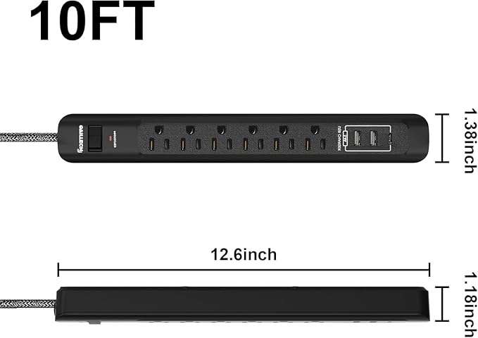 2 Pack Power Strip Surge Protector - 10 Ft Extension Cord with 6 Outlets with 3USB Ports（1 USB C） Port，1875W/15A, Flat Plug, Wall Mount Desk Charging Station for Home Office