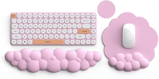 Cloud Keyboard Wrist Rest and Mouse Pad with Wrist Support Set, Ergonomic PU Leather Mouse Pads, Pain Relief Memory Foam Non-Slip Mousepad for Computer,Laptop,Pink
