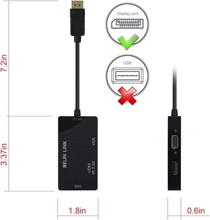 DP to HDMI VGA DVI Adapter Displayport to HDMI 4K Adapter 3 in 1 Display Port to HDMI VGA DVI Converter Male to Female Gold-Plated (Rectangle Black)