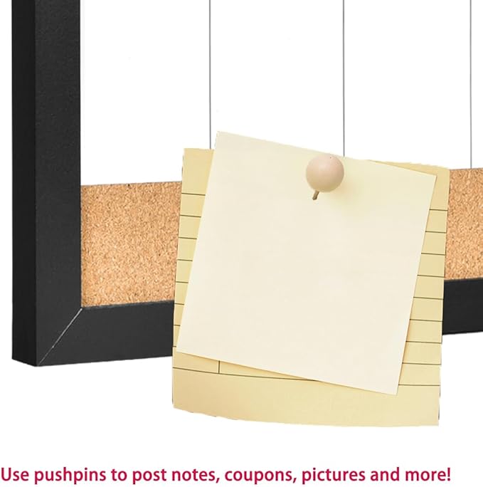 Magnetic Weekly Dry Erase White Board and Cork Board, Black Wood Frame，Magnetic Surface Whiteboard for Home Office and Wall Decor(ZHZL-3060BK)