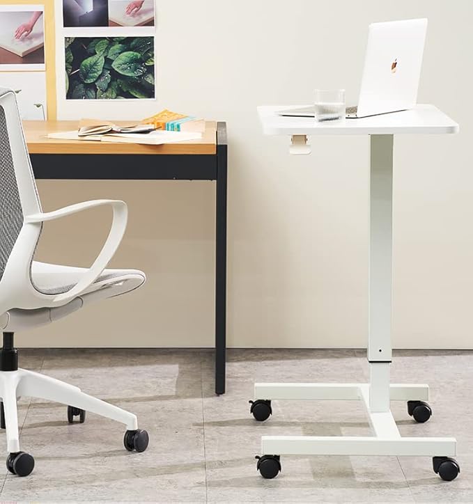 CLATINA Mobile Laptop Desk Pneumatic Sit to Stand Table Height Adjustable Rolling Cart with Lockable Wheels for Home Office Computer Workstation 28" x 19" White Round Edge Design Elegant