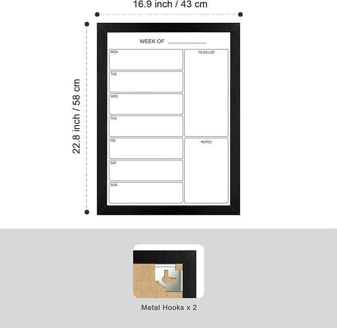 Weekly Dry Erase Whiteboard Calendar, 22.8"x16.9" Magnetic Surface Memo Board, Minimal Design Weekly Planner for Wall, Black Wood Frame Dry Erase Board for Office School Home(ZLBB-S-BK-4358)