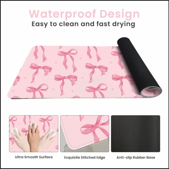 Pink Desk Mat, Pink Mouse Pad with Bows Computer Mat Desk Accessories, Large Gaming Keyboard and Mouse Pad Non-Slip Rubber Base, Cute Girly Office Supplies Desktop Decor for Girls Women 31.5 x 11.8in