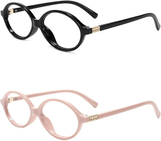 Slocyclub 2 pack Fashion Oval Glasses for Women Men Vintage Oval Small Frame Eyeglasses Retro Blue Light Blocking Glasses, Black and Pink