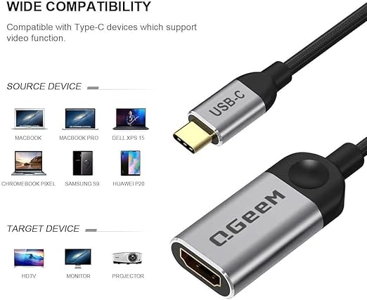 QGeeM USB C to HDMI Adapter 4K Cable, USB Type-C to HDMI Adapter [Thunderbolt 3/4] HDMI for Laptop MacBook Pro/Air, iPhone 15 16 17 Pro max, Dell XPS, Pixelbook, iMac,Thinkpad,Surface,IPad Pro
