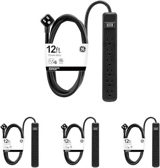 GE 6 Outlet Power Strip,12 Ft Long Extension Cord,3 Prong Outlets,UL Listed,Black,45192,(Pack of 4)