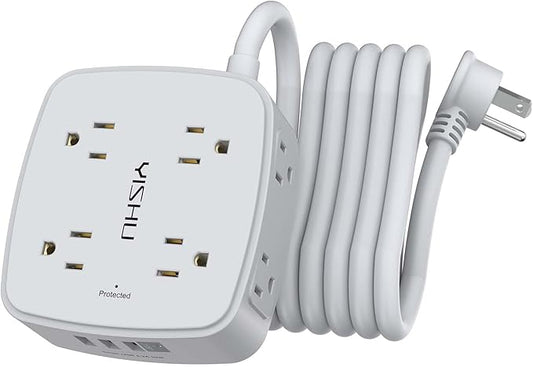 10 Ft Surge Protector Power Strip - 8 Widely Outlets with 4 USB Ports, 3 Side Outlet Extender with 10 Feet Extension Cord, Flat Plug, Wall Mount, Desk USB Charging Station, ETL, Grey