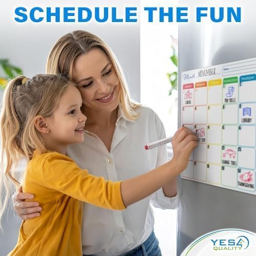 Whiteboard Calendar - 16x12 in - Magnetic Monthly Dry Erase Planner with Adhesive Back - Erasable Weekly Chore Chart with 3 Markers, Eraser, Holder - Ideal for Fridge or Wall Use - Yes4Quality