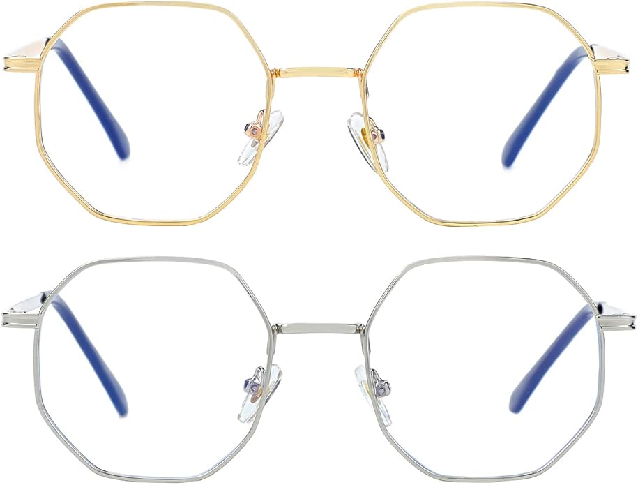JOVAKIT Polygon Blue Light Blocking Glasses for Women Men Vintage Octagon Square Non-prescription Metal Eyeglasses