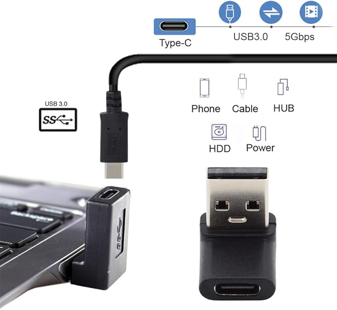 NFHK USB-C Type C Female 90 Degree Up Angled to USB 3.0 A Male Data Adapter for Laptop Desktop