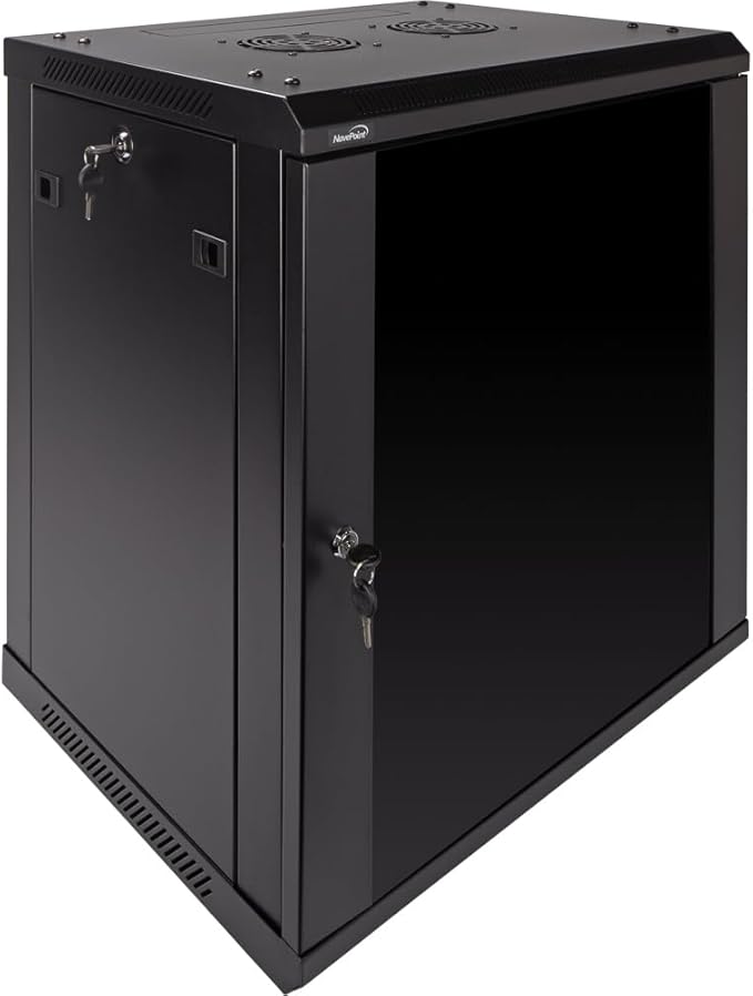 NavePoint 12U Wall Mount Network Cabinet for 19” IT Equipment, A/V, Tempered Glass Door, Locks, 2 Fans, 450mm Depth, Max Weight 132 lbs