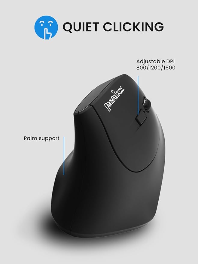Perixx PERIMICE-715R Wireless Rechargeable Vertical Mouse - Duo Wired and Wireless Charging Feature - 6 Buttons Design - Black - Right-Handed Design