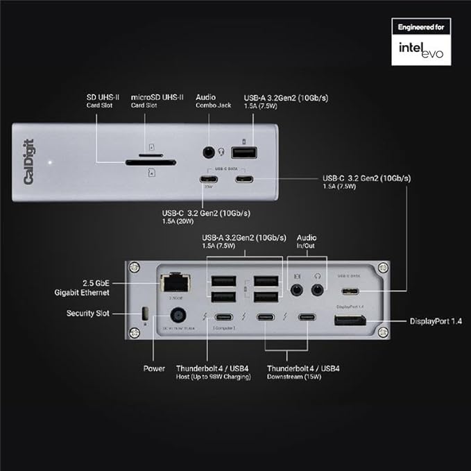 CalDigit TS4, 18-in-1 Thunderbolt 4 Docking Station, 98W Charging, 3* TBT4 (40Gb/s), 3* USB-C + 5* USB-A (10Gb/s), 2.5GbE LAN, 1*8K@30Hz or 2*6K@60Hz Displays, Mac/Windows/Chrome, 0.8m Certified Cable