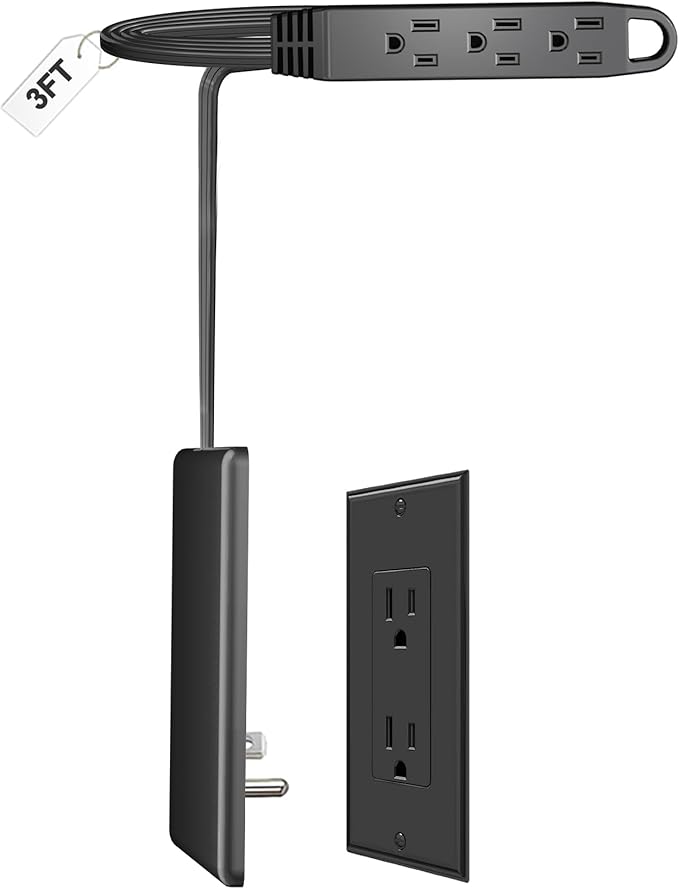 3FT Ultra Flat Plug Extension Cord Power Strip with 3 Outlets, Patented Detachable Ultra-Thin Outlet Cover Concealer & Ultra-Flat Plug, Max. 13A 125V 1625W ETL Listed, Black Color