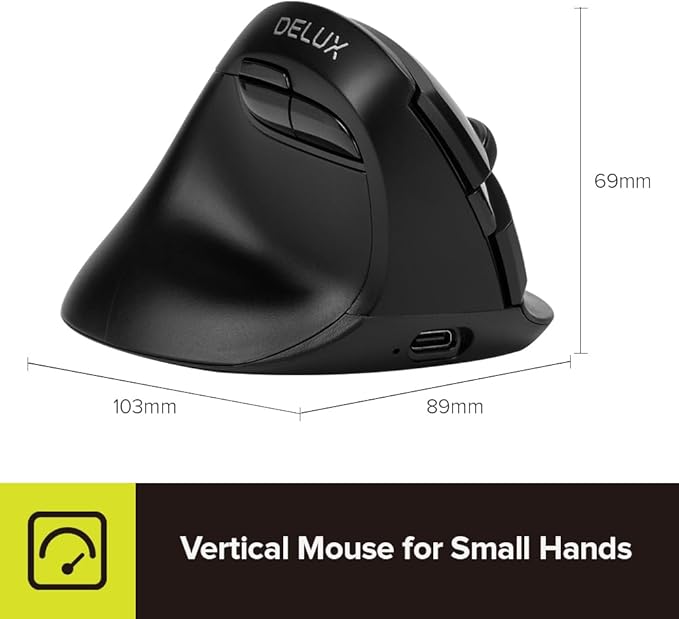 DELUX Left Handed Ergonomic Mouse, Mini Wireless Vertical Mouse, Silent Click Ergonomic Mouse, Up to 4000 DPI, 6 Buttons, Rechargeable, Bluetooth/2.4G/ Wired, Tri-Mode for Laptop/PC (M618ZD-Black)