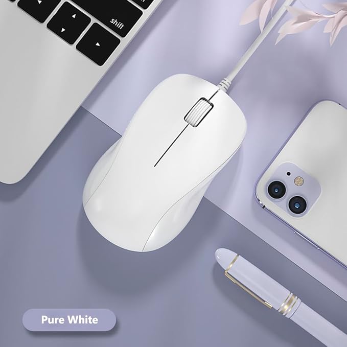 CORN USB Silent Wired Computer Mouse with Easy Click for Office and Home, 1200DPI, Premium and Portable, Compatible with Windows PC, Laptop, Desktop, Notebook (White)