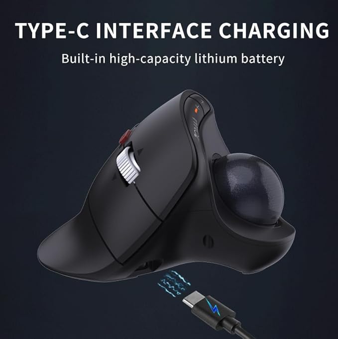 JOMAA Wireless Vertical Trackball Mouse - Ergonomic Design, 3-Device Switching, 2.4G/Bluetooth 5.0, Rechargeable Type-C, Adjustable DPI, Compatible with Windows/macOS/iOS/Android (Black)