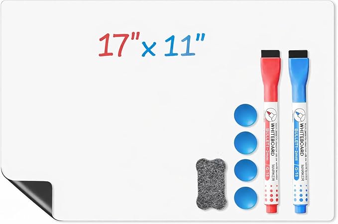 Magnetic Whiteboard for Fridge, 17" x 11" Dry Erase Board Set with Markers & Eraser, Strong Magnet & Stain-Resistant Surface, Fridge Calendar for Notes, Grocery List, Meal Planning & Family Schedule
