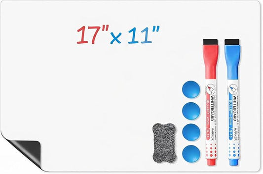 Magnetic Whiteboard for Fridge, 17" x 11" Dry Erase Board Set with Markers & Eraser, Strong Magnet & Stain-Resistant Surface, Fridge Calendar for Notes, Grocery List, Meal Planning & Family Schedule