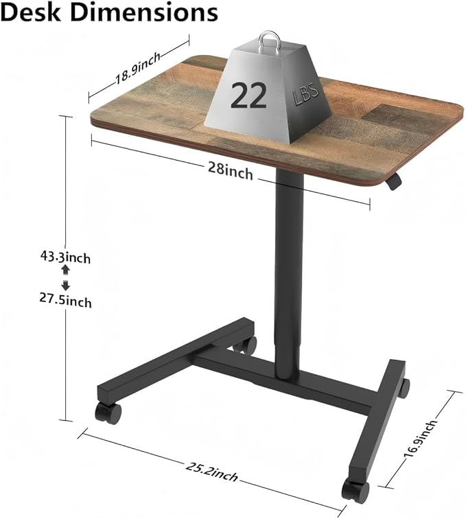 28-Inch Mobile Standing Desk Adjustable Height, Portable Standing Desk with Lockable Wheels, Rolling Table for Home Office Classroom Hospital (Rustic Brown, Aluminum Pro)