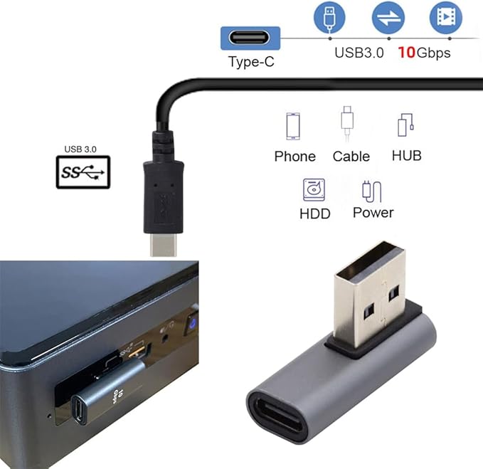 NFHK USB-C Type C Female Low Profile 90 Degree Right Angled to USB 3.0 A Male Data Adapter for Laptop Desktop
