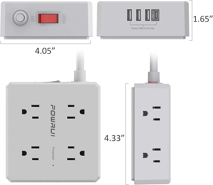 Surge Protector Power Strip - 10 Ft Flat Plug Extension Cord with 8 Widely Outlets and 4 USB Ports(1 USB C), 3 Side Outlet Extender for Home Office, Grey, ETL Listed