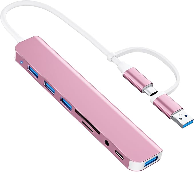 USB C/USB Hub Multiport Adapter,USB 3.0 Hub Aluminum 8 in 1 USB Splitter with SD/TF Card Reader,1 x USB 3.0, 3 x USB 2.0, 1 x USB C,and 3.5mm Audio Output for MacBook Pro Air,iPad Pro,Laptop-Pink