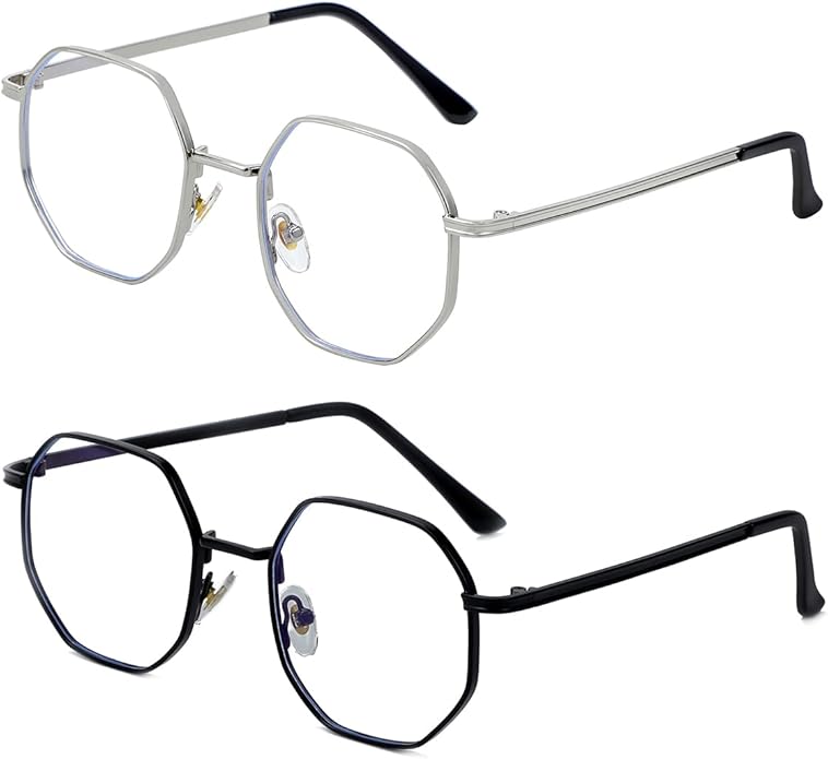 JOVAKIT Polygon Blue Light Blocking Glasses for Women Men Vintage Octagon Square Non-prescription Metal Eyeglasses