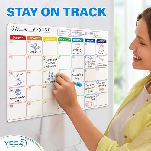Whiteboard Calendar - 16x12 in - Magnetic Monthly Dry Erase Planner with Adhesive Back - Erasable Weekly Chore Chart with 3 Markers, Eraser, Holder - Ideal for Fridge or Wall Use - Yes4Quality