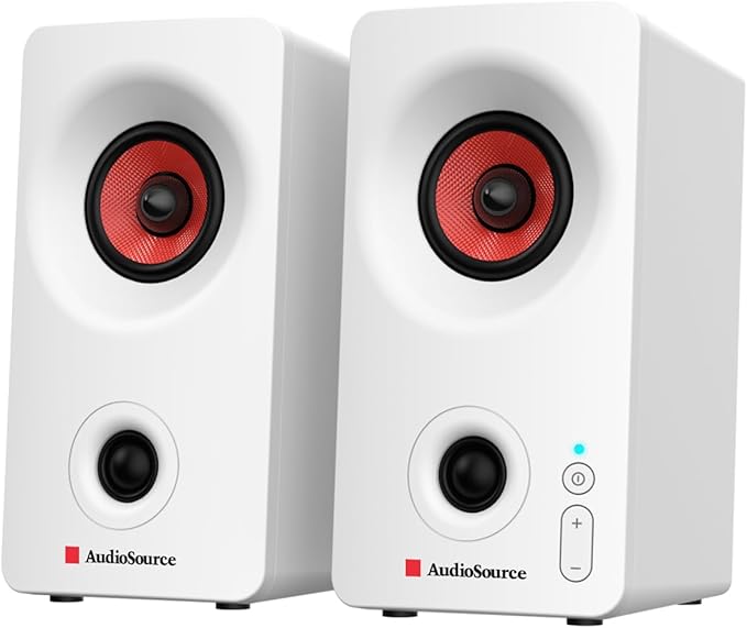 Audiosource Desktop PC Speakers with Bluetooth 5.3, USB-C Plug & Play, 2.0 Stereo Computer Speakers with Dual 2" Drivers, AUX Input, LED Indicator, Compact Design for PC, Laptop & Home Office (White)