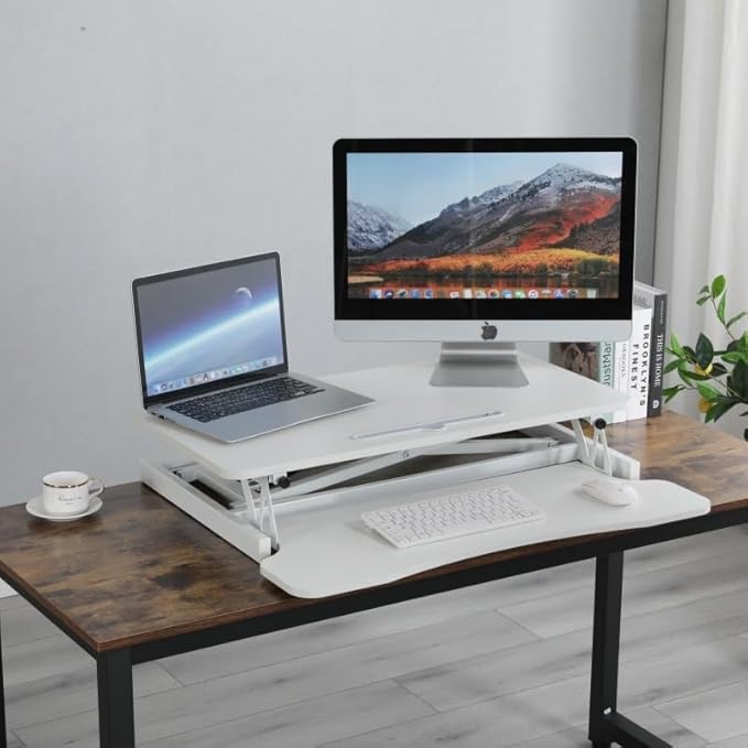 Instant Ergonomic Standing Desk Converter - 32" Wide, No Assembly, Sit-Stand Workstation for Pain Relief & Productivity (White)