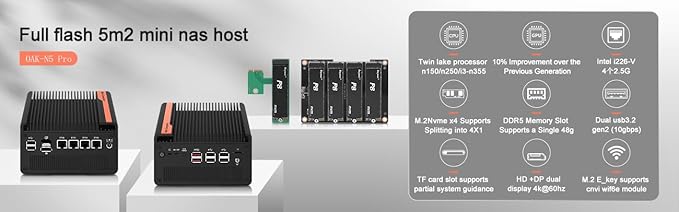 Mini PC NAS 5 M.2 Nvme Pocket NAS Small PC,4X2.5GbE LAN Mirco Desktop Computer 2HD 4K@60HZ,Router/QNAS/Firewall DDR5 for Office Business (N100-No Memory, no Hard Drive.)