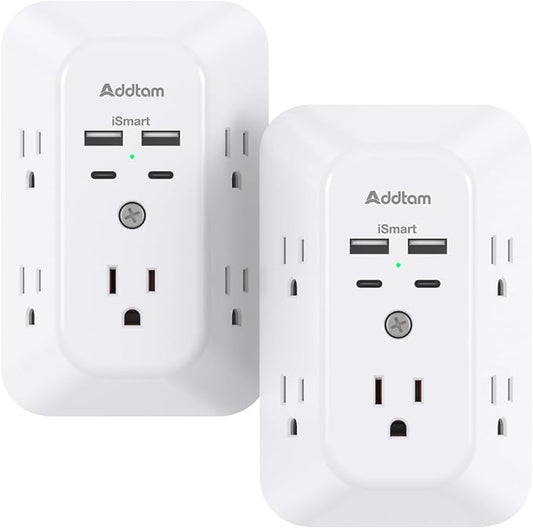 2 Pack Surge Protector Outlet Extender - Addtam 5-Outlet Splitter with 4 USB Wall Charger(2 USB-C Ports), Multi Plug Outlet Power Strip for Home, Dorm Room Essentials