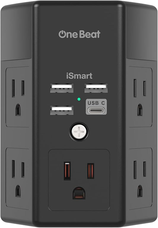 Surge Protector, 5 Outlets Extender with 4 USB Ports(USB C), 3-Side 1680J Power Strip Multi Plug Outlet Expander, USB Wall Charger, Outlet Splitter Adapter Wall Mount for Home Office ETL Listed（Black）