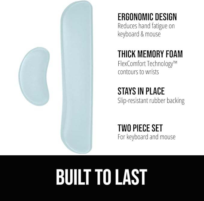 GORILLA GRIP Silky Gel Memory Foam Wrist Rest for Computer Keyboard, Mouse, Ergonomic Design for Typing Pain Relief, Desk Pads Support Hand, Arm, Mousepad Rests, Stain Resistant, 2 Piece Pad Sky Blue