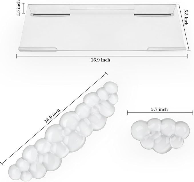 Acrylic Transparent Computer Keyboard Stand with Gel Cloud Keyboard and Mouse Wrist Rest, Ergonomic Tilting 3-in-1 Set, Relieves Painful Typing, for Office/Computer/Laptop/Gaming