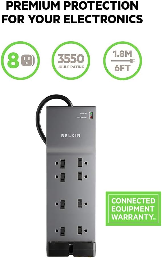 Belkin Power Strip, Belkin Surge Protector - 8 AC Multiple Outlets (3550 Joules) - 6 ft Long Flat Plug Heavy Duty Extension Cord for Home, Office, Travel, Computer Desktop & Phone Charging Brick - Black