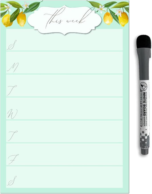 Dry Erase Weekly Calendar Planner Sticker Decal | Removable & Reusable | Magnetic Fine-Tip Marker Included (6 x 9 inches, Vintage Lemon)