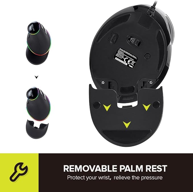 DELUX Ergonomic Vertical Mouse, Wired Ergo Mouse for Large Hands, 6 Programmable Buttons, Up to 12800 DPI, Removable Wrist Rest, Vibrant RGB Backlit, for Windows 7/8/10/XP/Vista (M618Plus RGB-Wired)