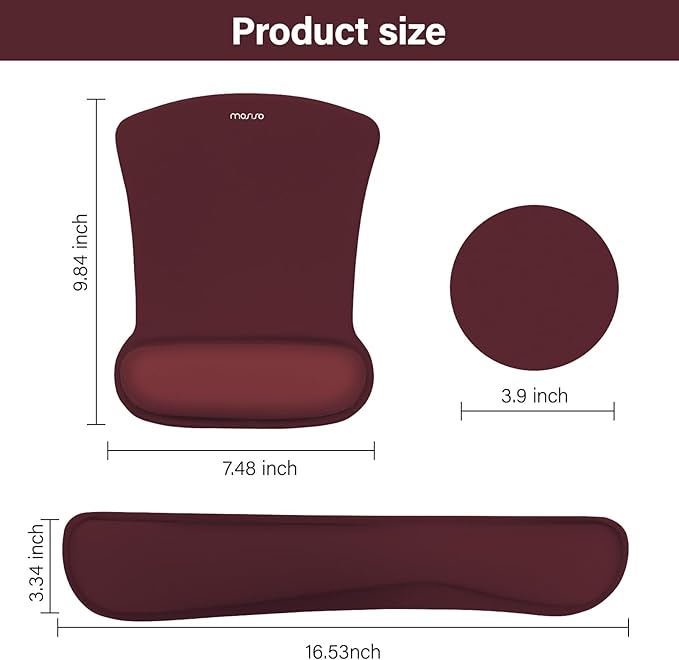 MOSISO Wrist Rest Support for Mouse Pad & Keyboard Set, Ergonomic Mousepad&Coaster Non-Slip Base Home/Office Pain Relief & Easy Typing Cushion with Neoprene Cloth & Raised Memory Foam, Wine Red