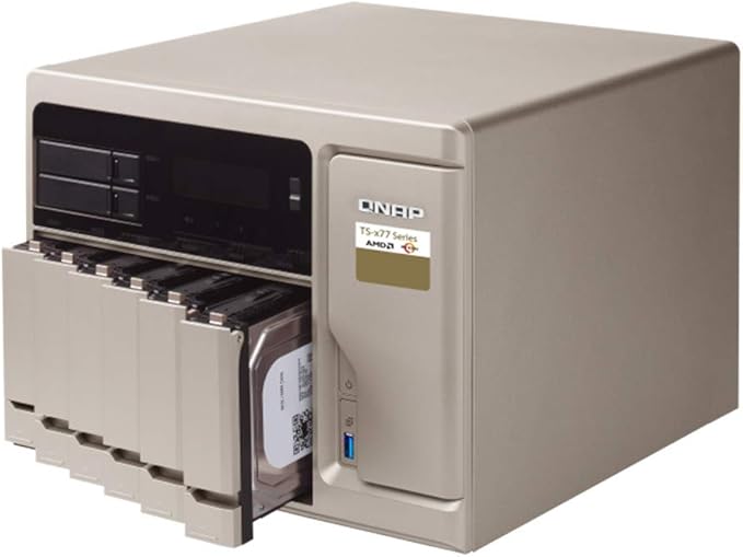 QNAP TS-877 NAS Server, AMD Ryzen 7 8-Core 3.0GHz CPU, 32GB DDR4 RAM, 1TB SSD, 12TB HDD, RAID, QTS 4.3 Operating System, Beige, Metal, Floor Mount, Compatible with Server