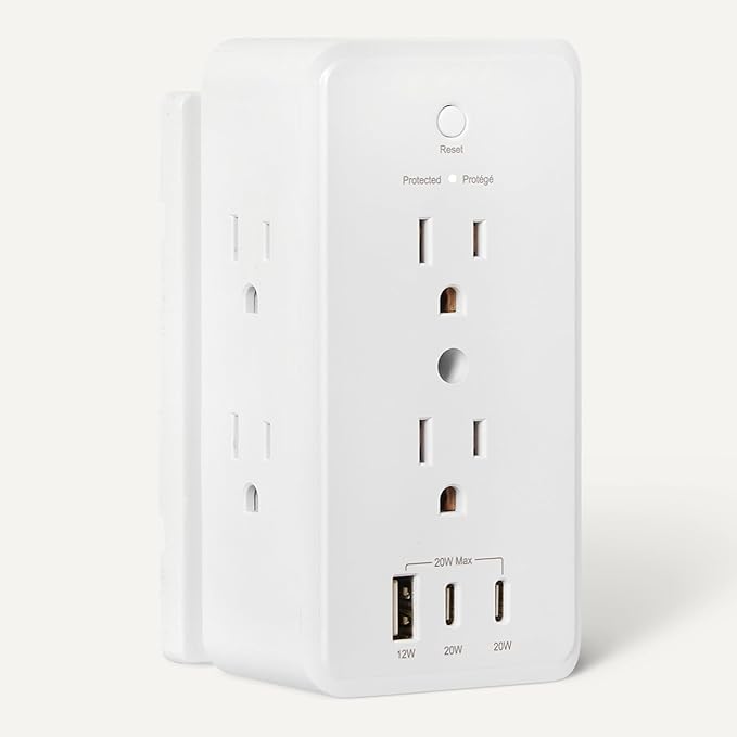 Amazon Basics Wall Mount Surge Protector Power Strip with 9-in-1 Hub, 1080 Joules, 6 AC Outlets, 1 USB-A and 2 USB-C (20W Fast Charging), White