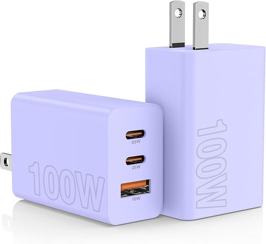 2Pack 100W USB C Wall Charger Block, 3-Port USB C Charging Adapter,65W Type C Super Fast Charging Power Plug Cube for MacBook Pro/Air,i-Pad Pro,i-Phone 17/16/15, Galaxy S25,and More