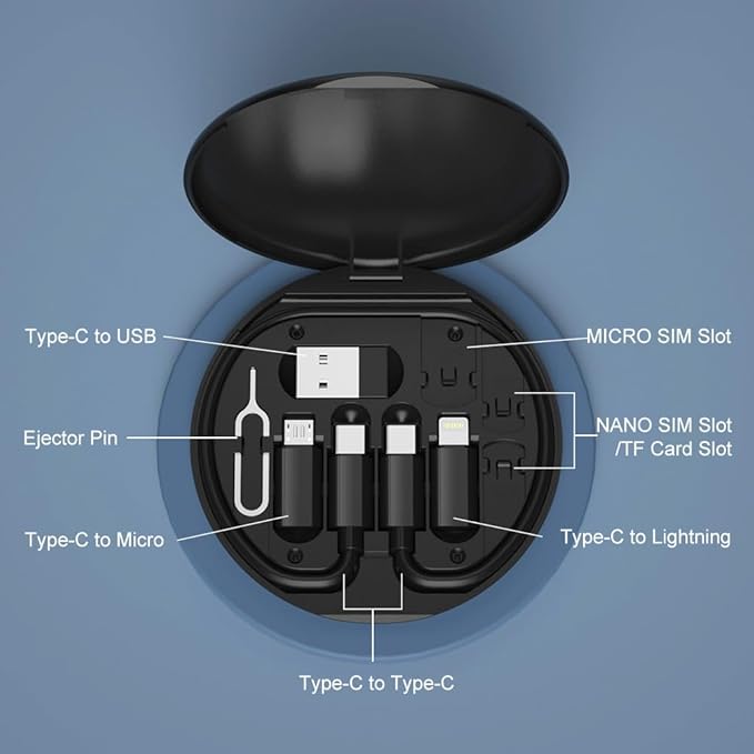 USB Adapter, Micro USB Charging Cable with USB C Lighting Adapter, Lighting to USB C Adapter, Multi Charging Cable Storage Box Contains SIM Card Holder