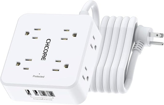 10Ft Surge Protector Power Strip - CHCORE Flat Plug Extension Cord with 8 Outlets and 4 USB Ports(2 USB C), 3 Side Wall Mount Outlet Extender for Home Dorm Room Essentials, ETL Listed, White