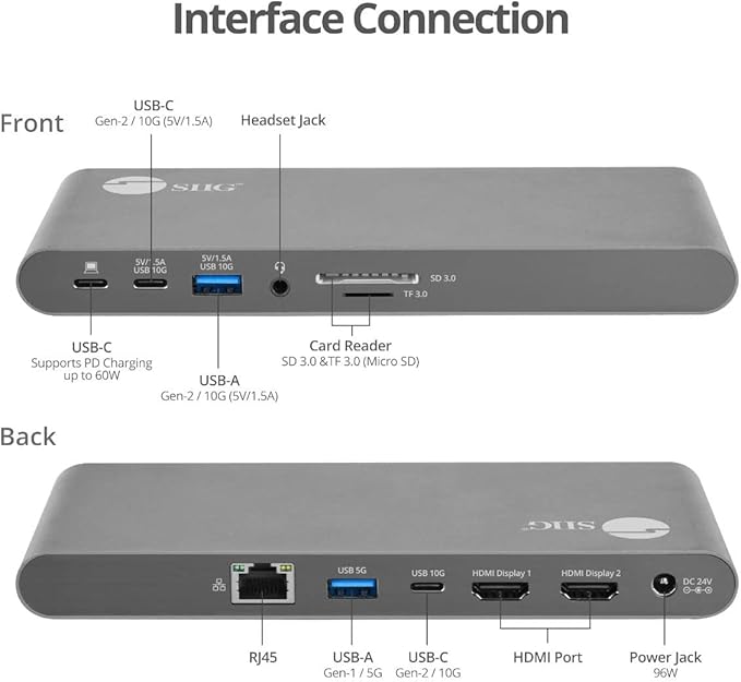 SIIG 4K USB-C MST Docking Station Dual 4K60Hz Display for Windows Laptops, Thunderbolt 3 Compatible, 60W PD, HDMI, Ethernet, SD/TF 3.0, USB 10G, Audio, Vertical/Horizontal Design (JU-DK0N11-S1)